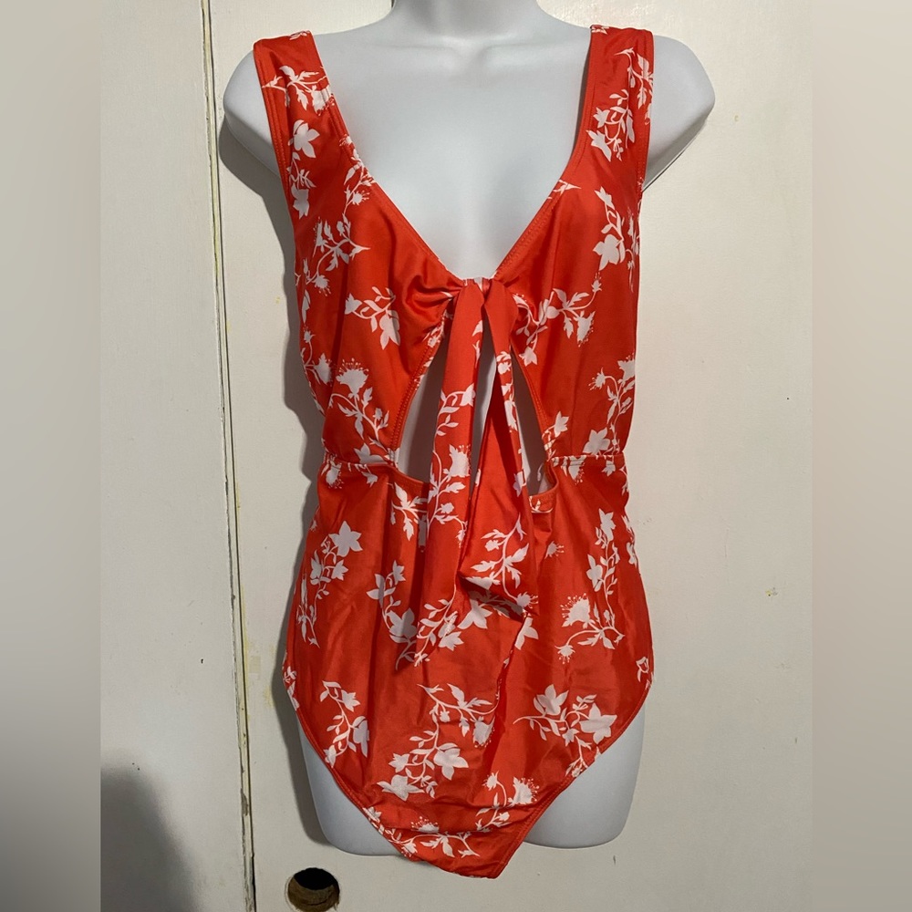Peek&beau curve from ASOS cut out swimsuit with ruffle in orange & white floral